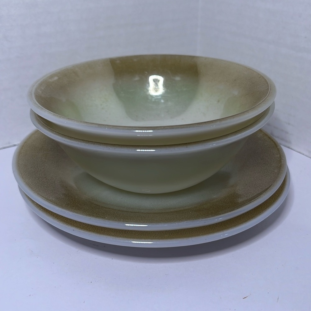 Vintage Federal Glass Iridescent Moss Olive Green White Bowl Saucer (1970s)